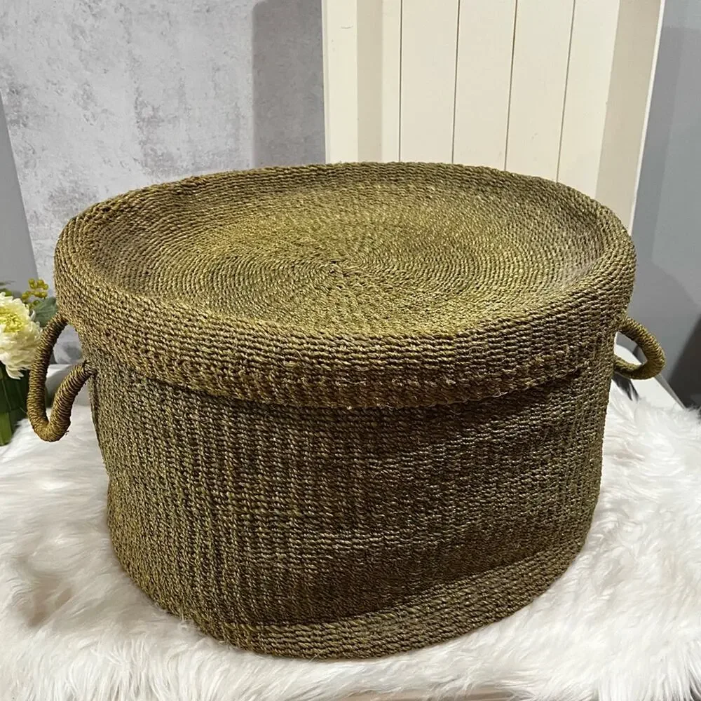 NEW Pottery Barn Round Woven Floor Nesting Storage Baskets Raffia Wicker LG Set